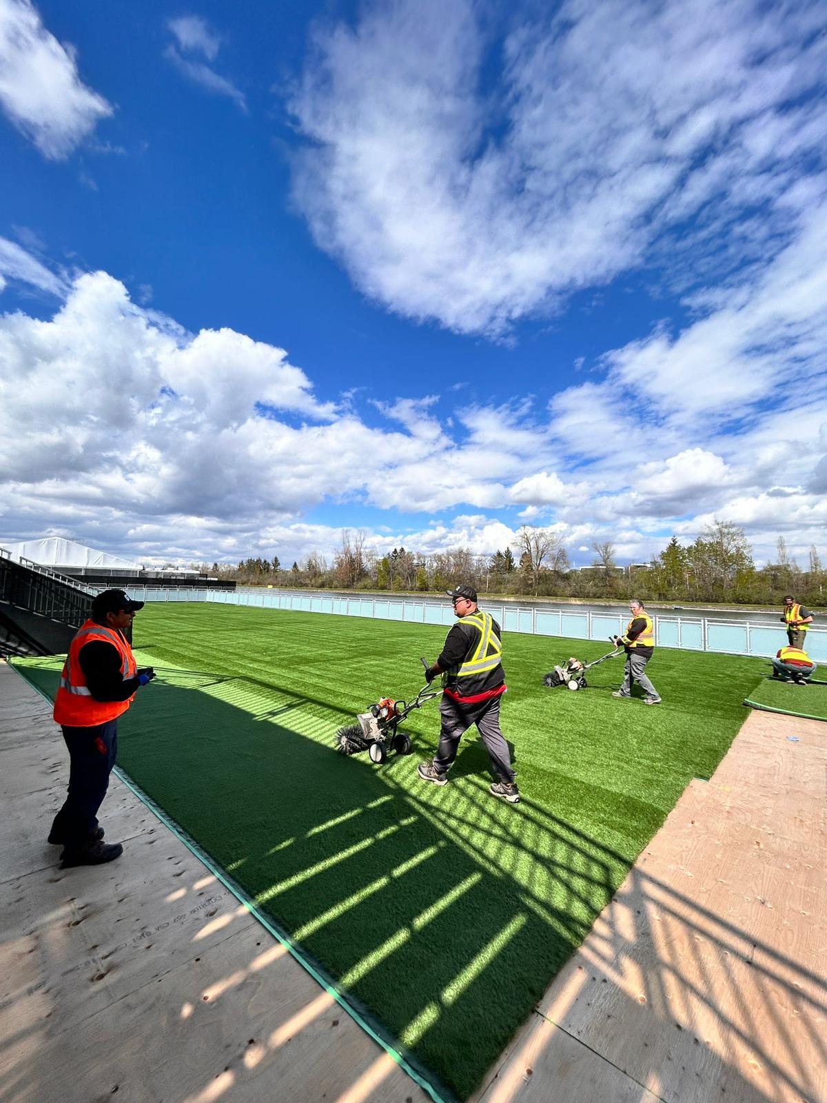 Temporary artificial turf installed for a Formula 1 hospitality space